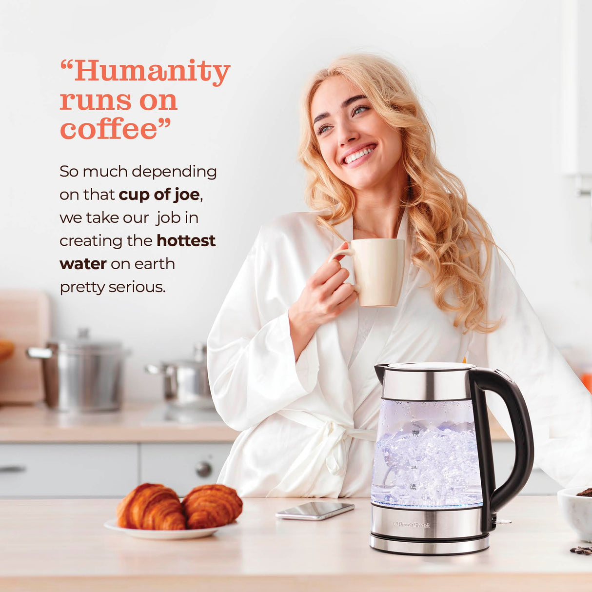 Speed-Boil Electric Kettle For Coffee & Tea - 1.7L Water Boiler 1500W, Borosilicate Glass, Easy Clean Wide Opening, Auto Shut-Off, Cool Touch Handle, LED Light. 360° Rotation, Boil Dry Protection Peach Street