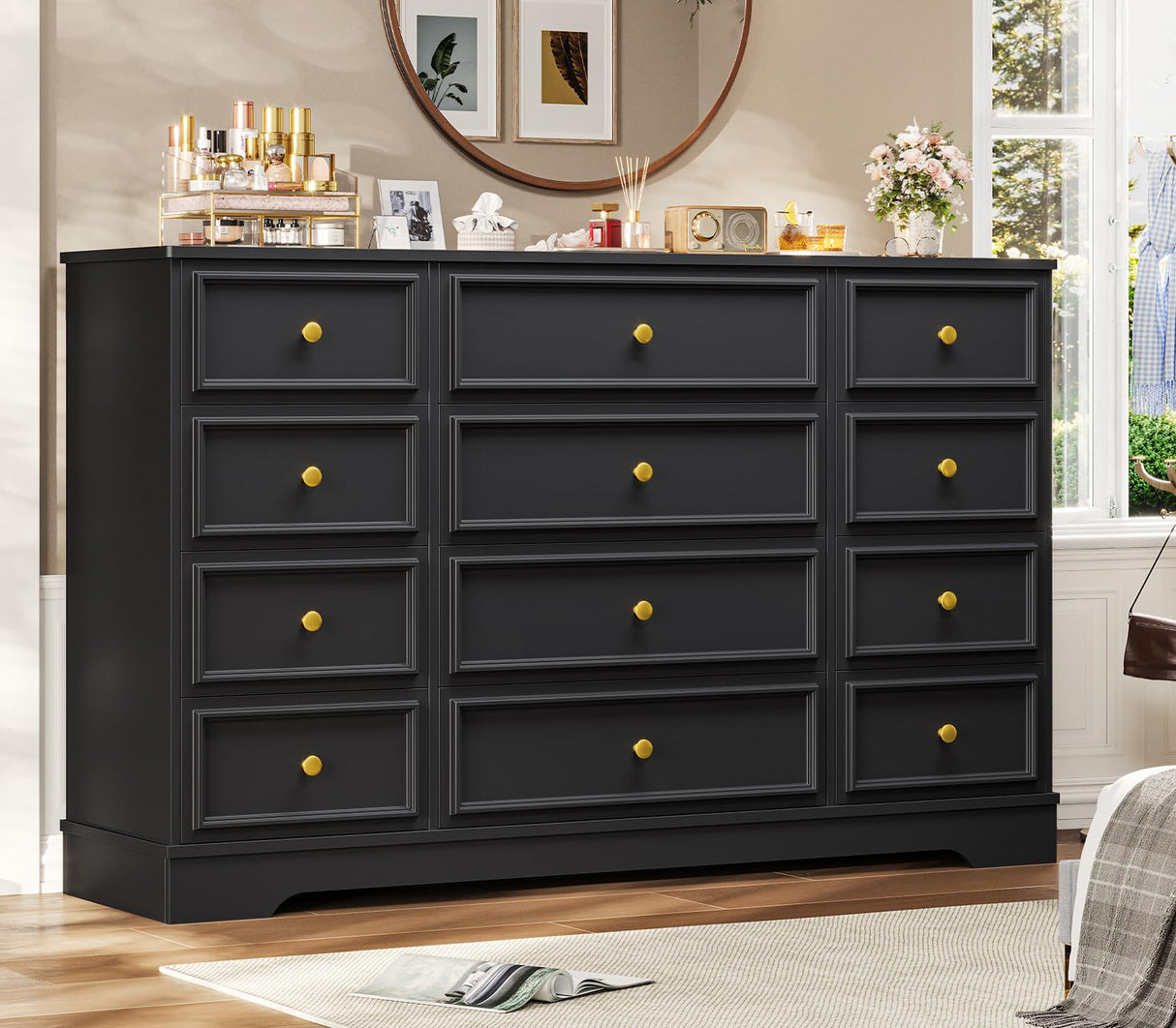 Hasuit Large Dresser with 12 Drawers for Bedroom, 61.4'' Long Modern Chest of Drawers, Black Wide Dressers Clothes Closet, Wooden Bedroom Funiture Storage Organizer Hasuit