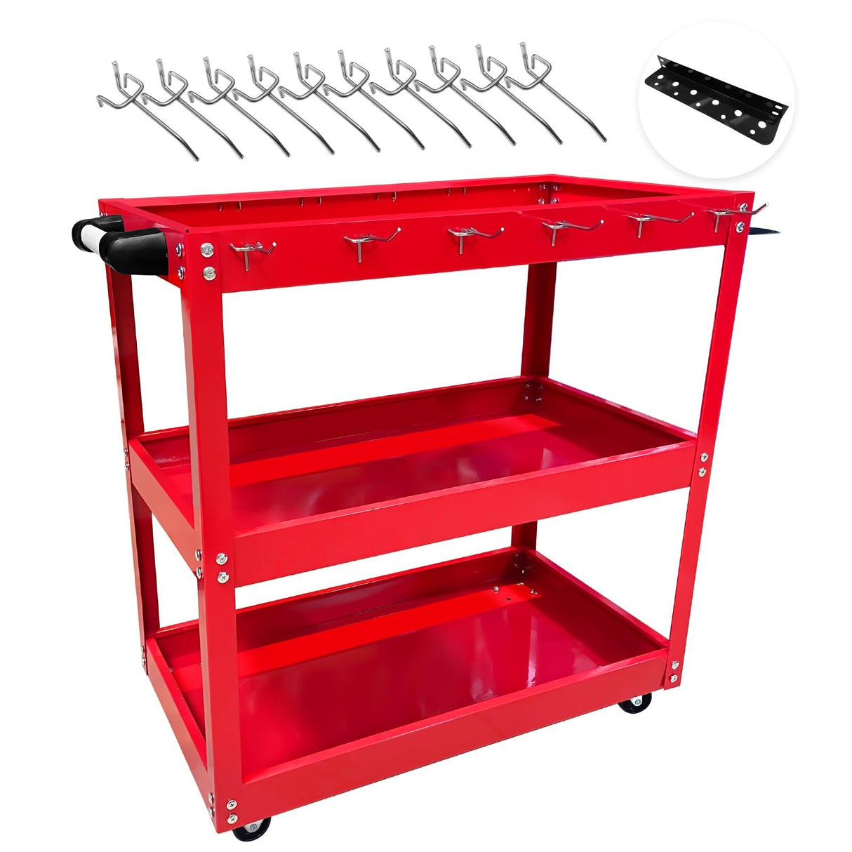 YATOINTO 3-Tier Rolling Tool Cart, Metal Rolling Cart with Side Hooks Wheels, 330LBS Heavy Duty Utility Carts, Handle Rolling Mechanic Tool Cart YATOINTO