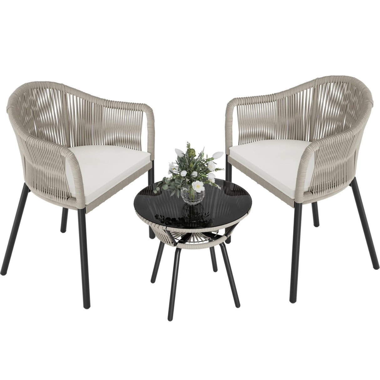 Greesum Rope Woven Patio Furniture 3-Piece Outdoor Wicker Bistro Set for Backyard Porch with Thick Cushions & Glass Table, Gray Greesum