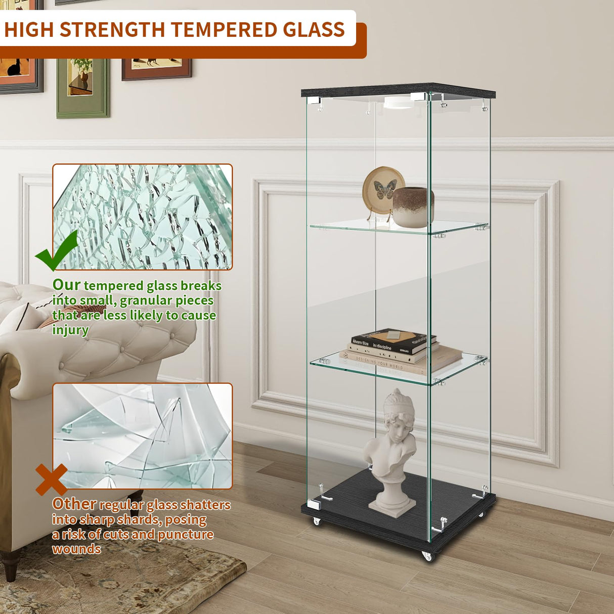 LKTART Glass Display Cabinet 3 Shelf with Single Door, Curio Display Cabinet with 12 Adjustable Color Led Light, 4 Caster Wheels with Brakes, 360 Rotation of Display Cabinets for Collectibles, Black LKTART