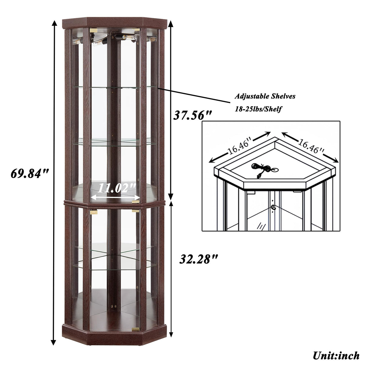XZTUAJ 69" H Lighted Curio Cabinet Corner Display Case, Corner Glass Cabinet with Adjustable Shelves and Tempered Glass, Wooden Corner Curio Cabinet w/Mirrored Back Pane for Living Room (Dark Cherry) XZTUAJ