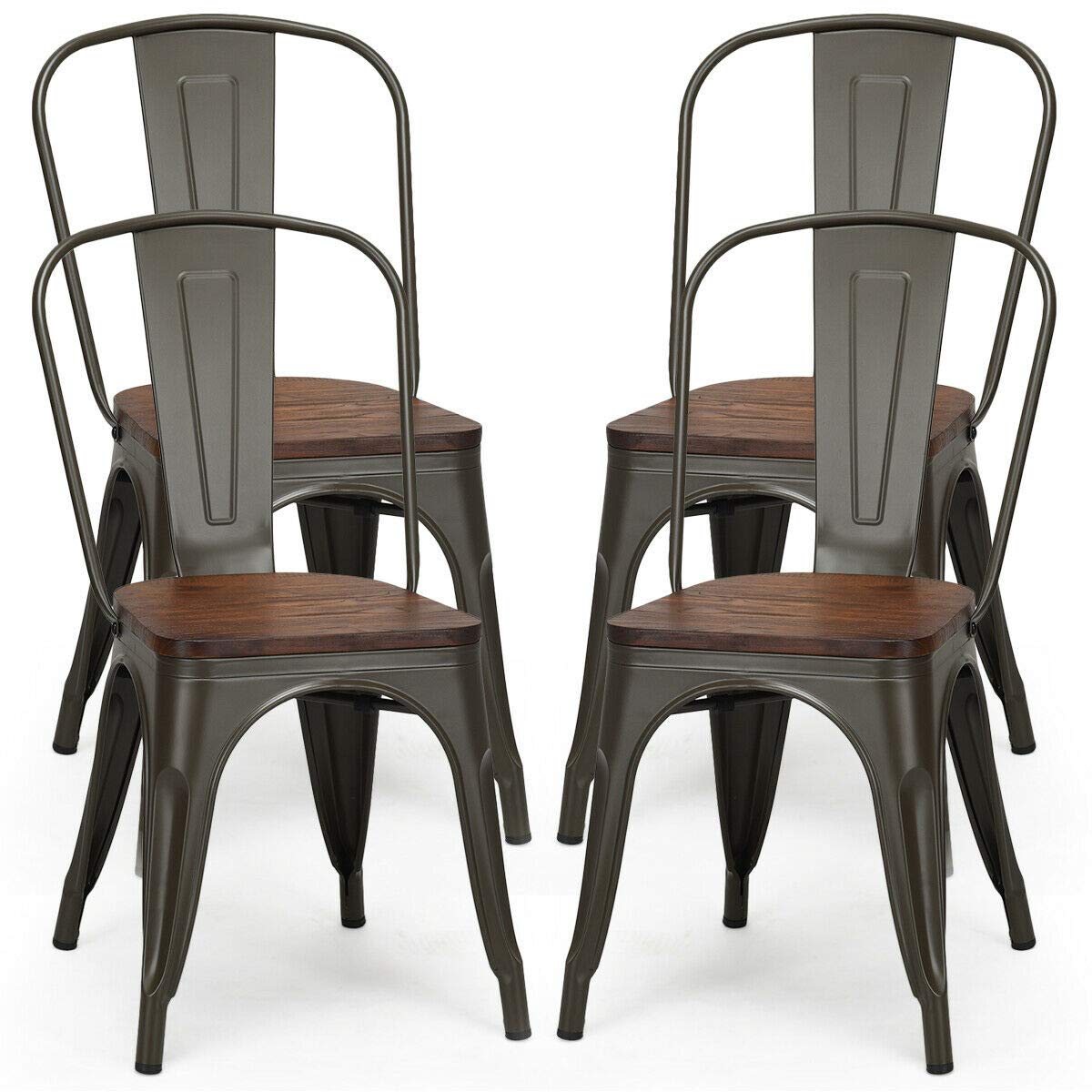 COSTWAY 18 Inch Dining Chair Set of 4, Industrial Vintage Stackable Metal Chairs, Counter Bar Chairs with High Backrest, Wood Seat, for Home, Kitchen and Cafe Bar Use COSTWAY