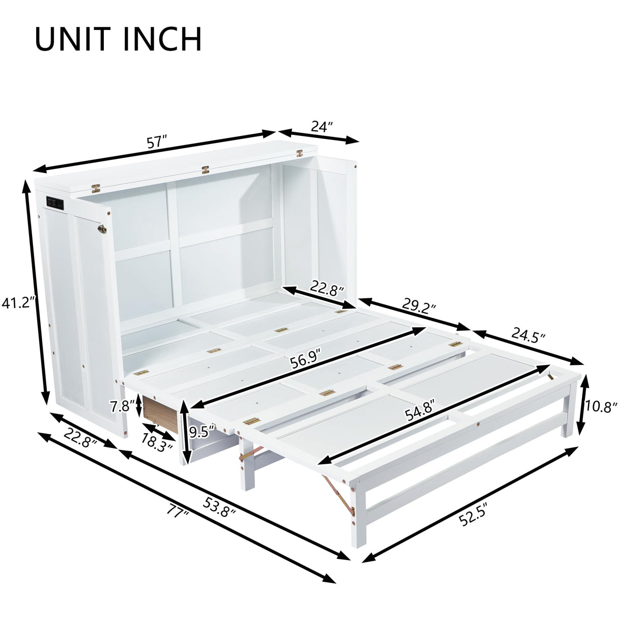 KEIKI Full Size Cabinet Murphy Bed with Charging Station and Drawers, Multiple Storage Foldable Hideaway Wall Murphy Bed Frame with Solid Slats, No Box Spring Needed, Easy Assembly, for Bedroom, White KEIKI