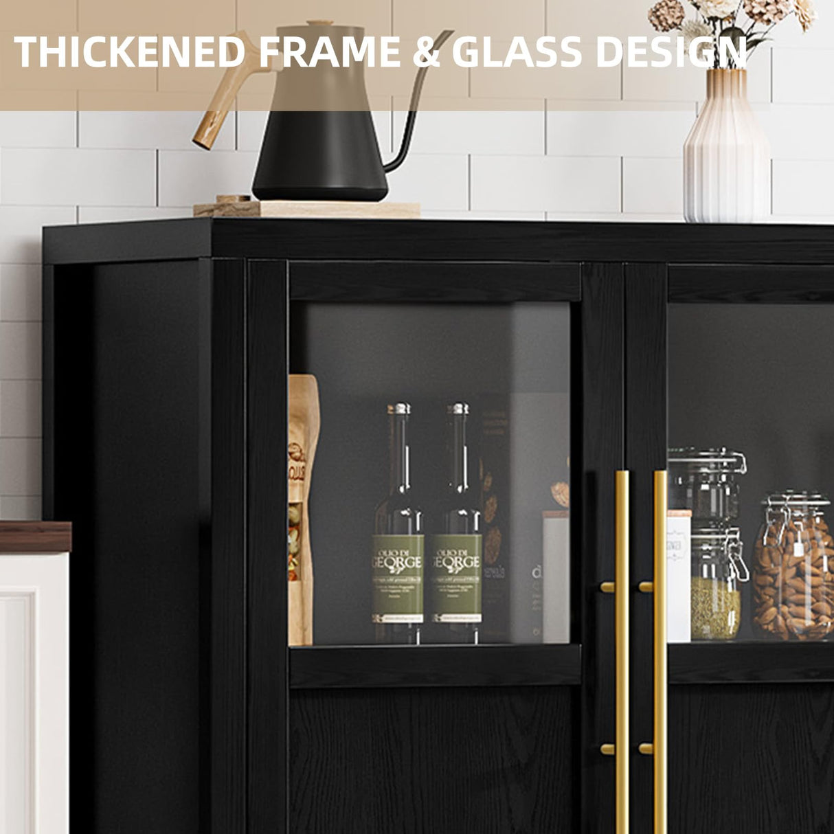 GarveeHome Sideboard Buffet Cabinet with 4 Glass Doors, 55" Large Buffet Cabinet with Storage, Modern Farmhouse Storage Cabinet Table for Kitchen Dining Room, Living Room(Glass with 4 Door, Black) GarveeHome