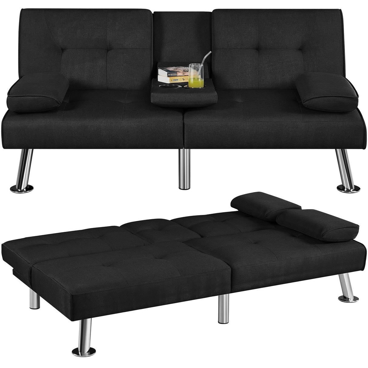 Yaheetech Convertible Sofa Bed Adjustable Fabric Couch Sleeper Modern Recliner Reversible Loveseat Folding Daybed Guest Bed, Removable Armrests, Cup Holders, 3 Angles, 772lb Capacity, Black Yaheetech