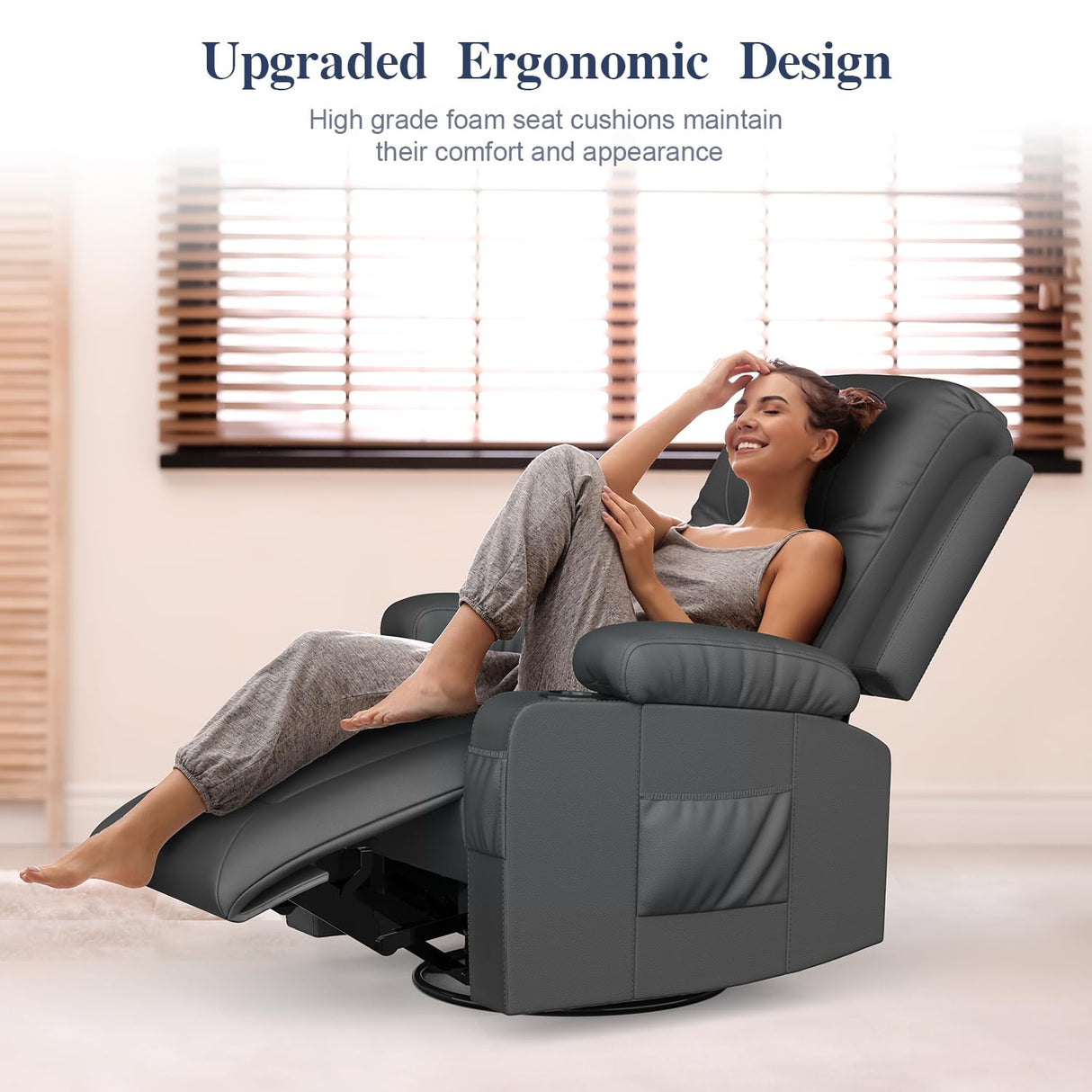 FURNIMAT Recliner Chairs for Adults, Massage Rocker with Heated Modern Ergonomic Lounge 360 Degree Swivel Single Sofa Seat Living Room Lounge Recliners Gray FURNIMAT