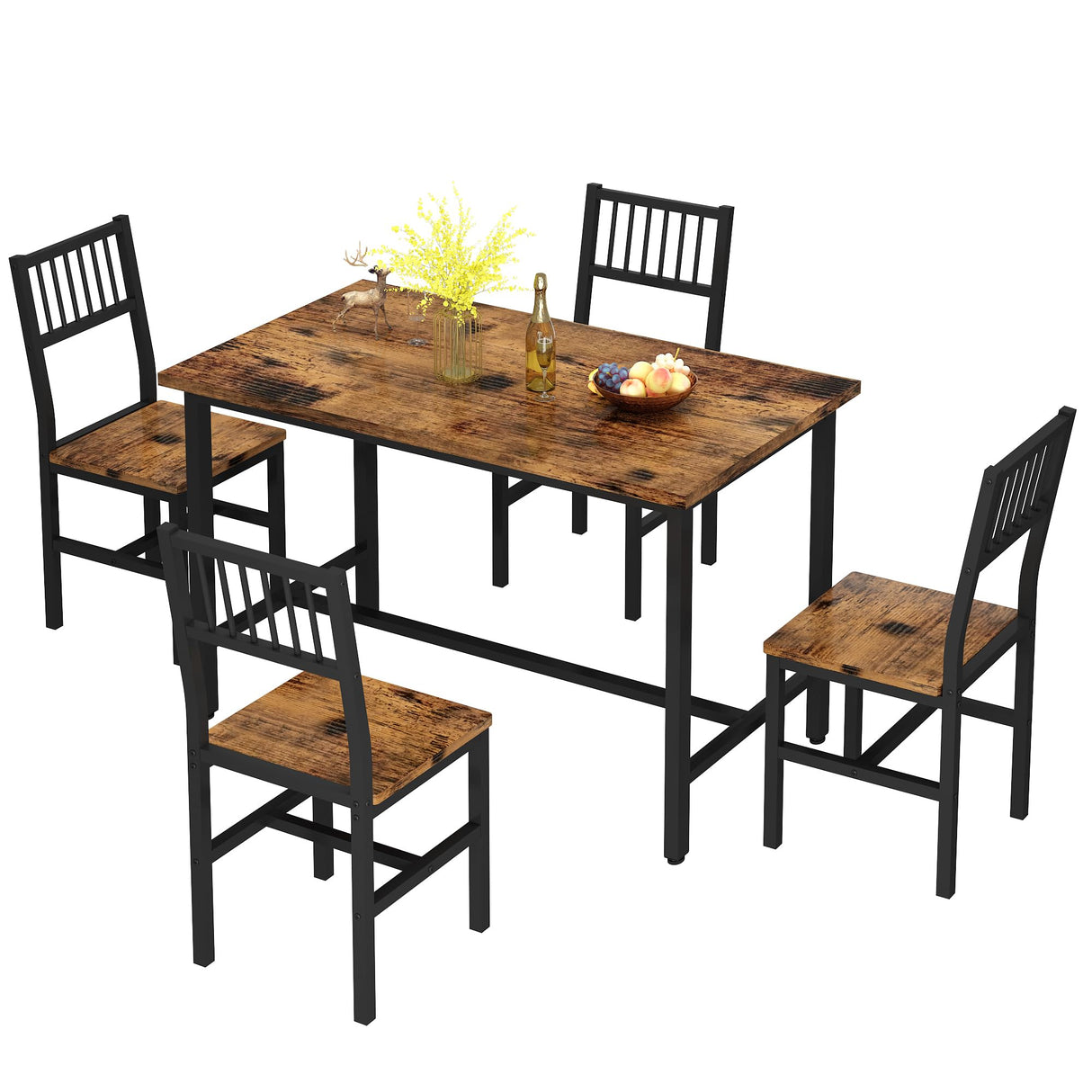 AWQM 5 Pieces Dining Table Set, Industrial Dining Table and Chairs for 4, Metal Frame with Wood Top, Kitchen Table Set for Dining Room, Breakfast Nook, Small Space, Rustic Brown AWQM