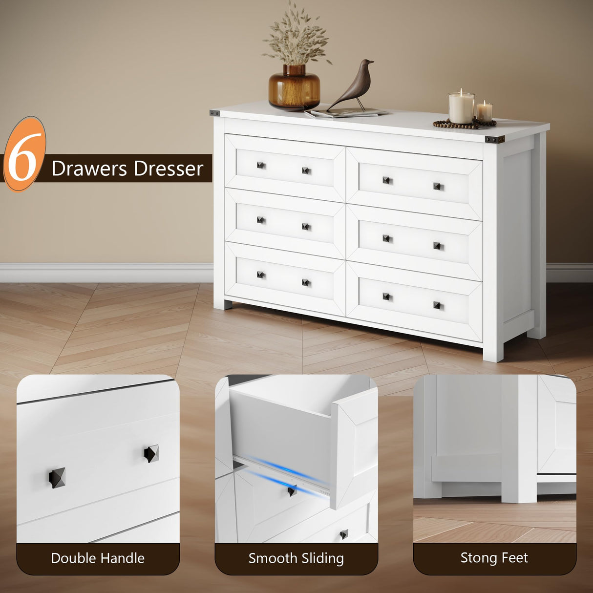 Dresser for Bedroom with 6 Drawers, Farmhouse Wood Chest of Drawers, Wide TV Stand Closet Storage Furniture with Metal Handle, Modern Clothes Organizer for Hallway, Living Room, Entryway, White Xixini