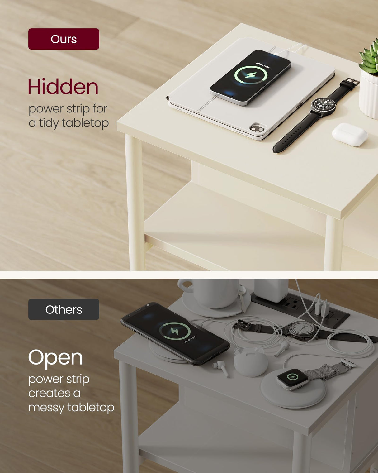 VASAGLE Side Table with Charging Station, 3-Tier End Table with USB Ports and Outlets, Nightstand for Living Room, Bedroom, 11.8 x 13.4 x 22.8 Inches, Plug-in Series, Cream White VASAGLE