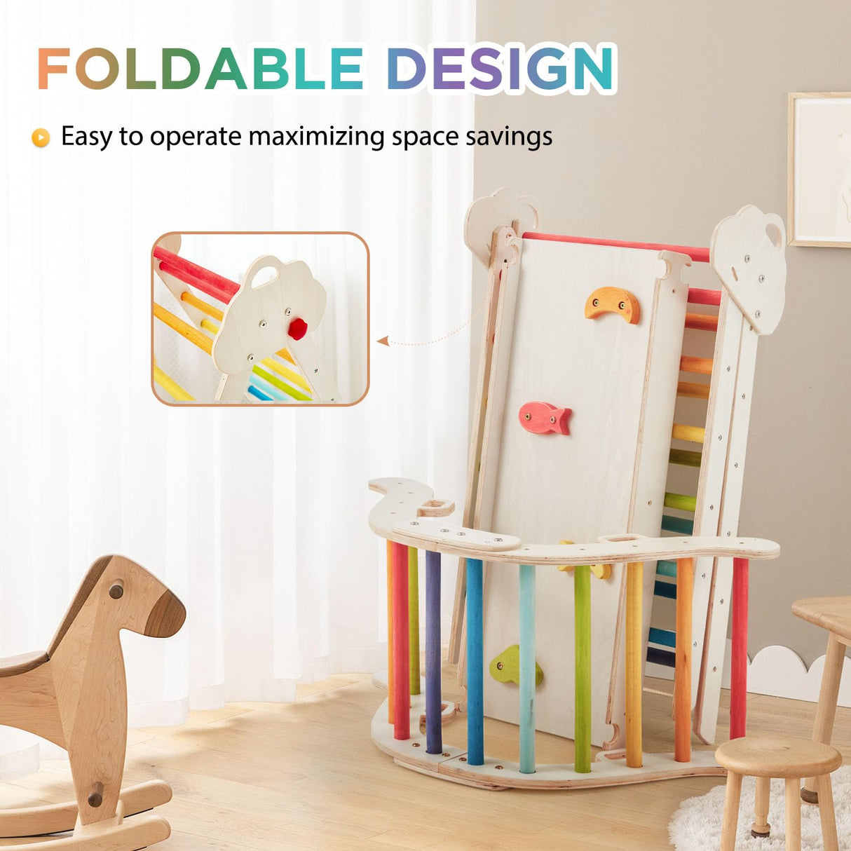 HOMMOW 7-in-1 Pikler Triangle Set with Cushion, Wooden Pikler Triangle Climbing Set with Arch, Ramp & Ladder, Large Foldable Montessori Jungle Gym, Indoor Climbing Toys for Toddlers-Rainbow HOMMOW