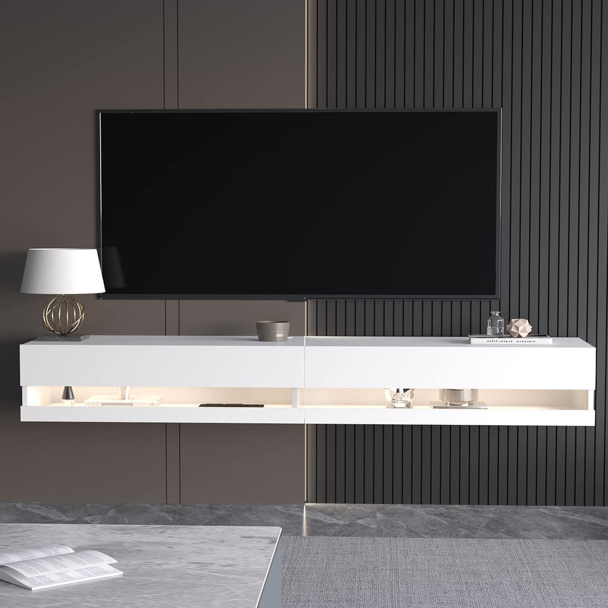 SUSSURRO Floating TV Stand Wall Mounted with LED Lights and Power Outlets, 71'' Modern High Gloss Entertainment Center for 85 inch TVs, Media Console Hanging TV Shelf for Living Room? White SUSSURRO