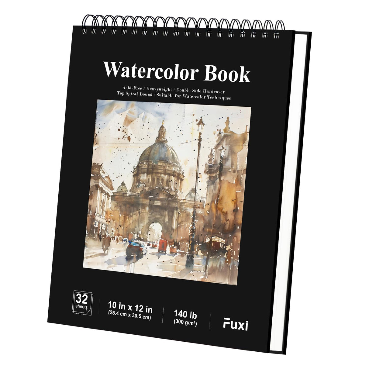 Watercolor Sketchbook 10"x12", 32 Sheets (64 Pages) Water Color Paper, 140lb/300gsm Watercolor Paper, Spiral Hardcover Watercolor Notebook. Fuxi