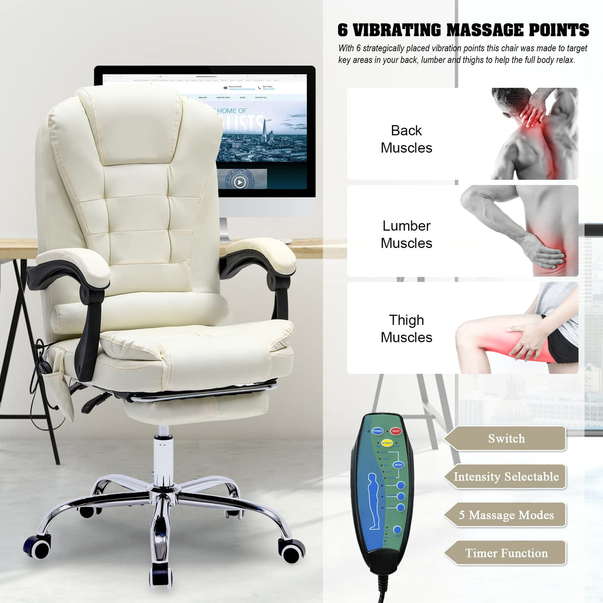 ONPNO Reclining Office Chair with Massage, Ergonomic Office Chair w/Foot Rest, PU Leather Executive Computer Chair w/Heated, Padded Armrest, High Back Swivel Recliner for Office Home Study (White) ONPNO