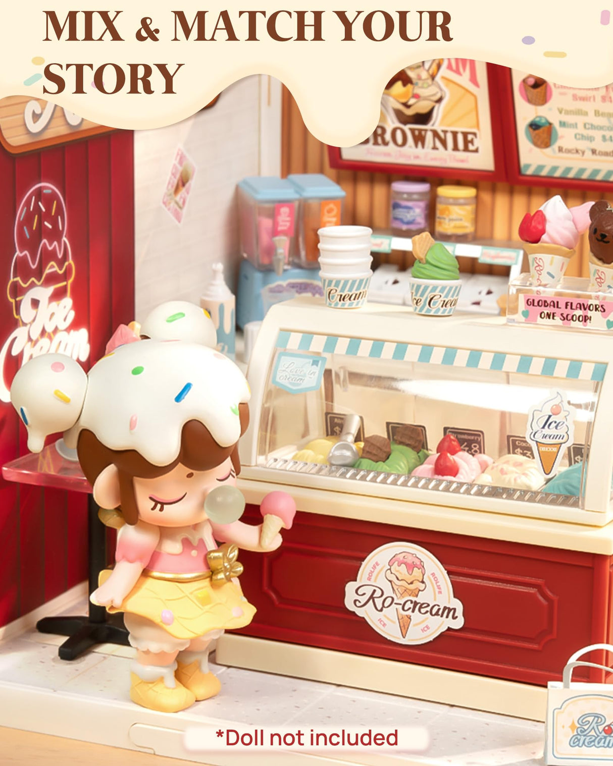 Rolife Super Creator DIY Miniature Plastic House Building Set Playset with LED, Suitable for Mini Figures Construction Toys Diorama Kit Gifts for Teens Adults (Flavorful Ice Cream) Rolife