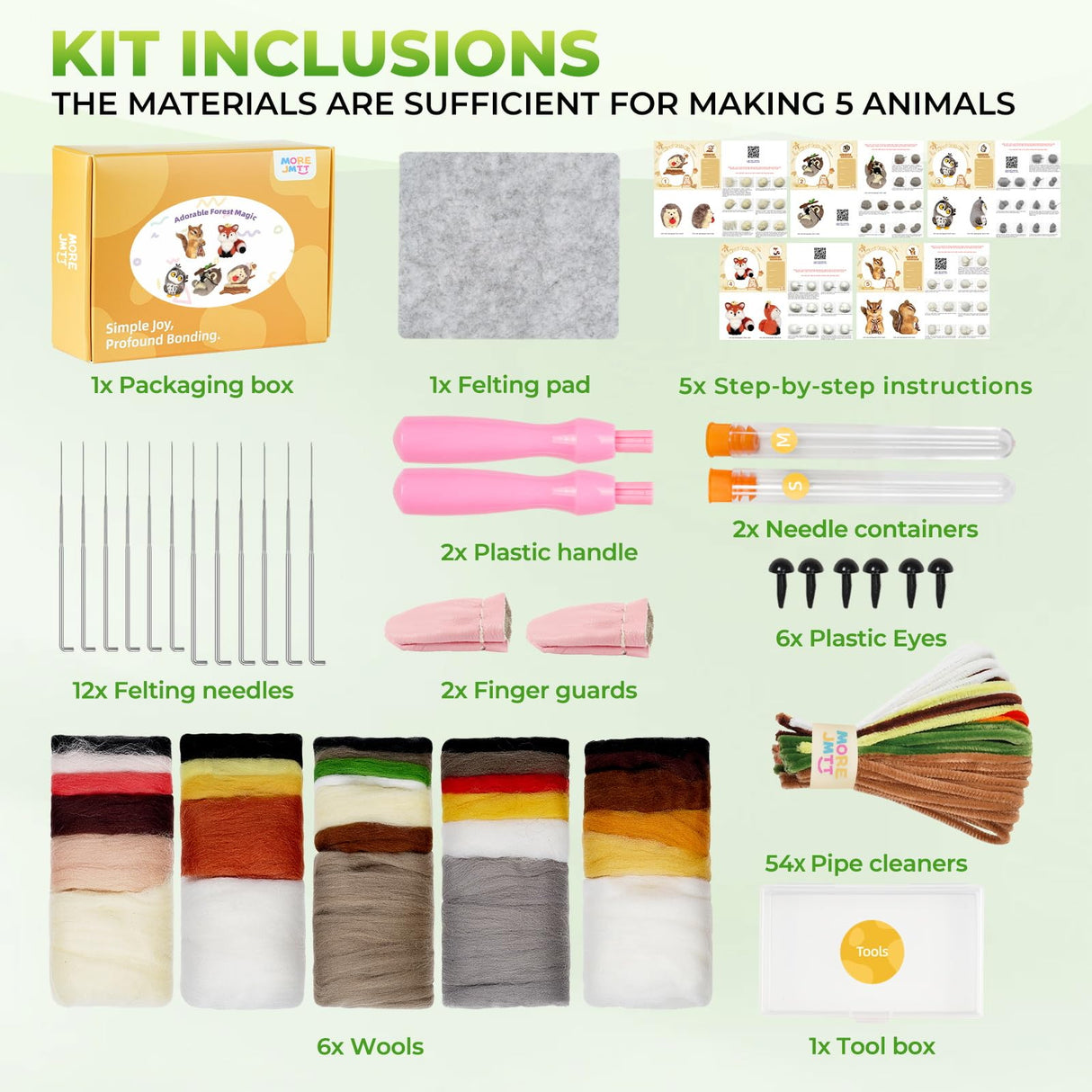 MOREJMTT Needle Felting Kit, 5 PCS Farm Animal Needle Felting Beginner Kits, Wool Felt Needle Felting Tools Foam Pad, Craft Party Supplies for Beginners Adult(Forest Animals) MOREJMTT