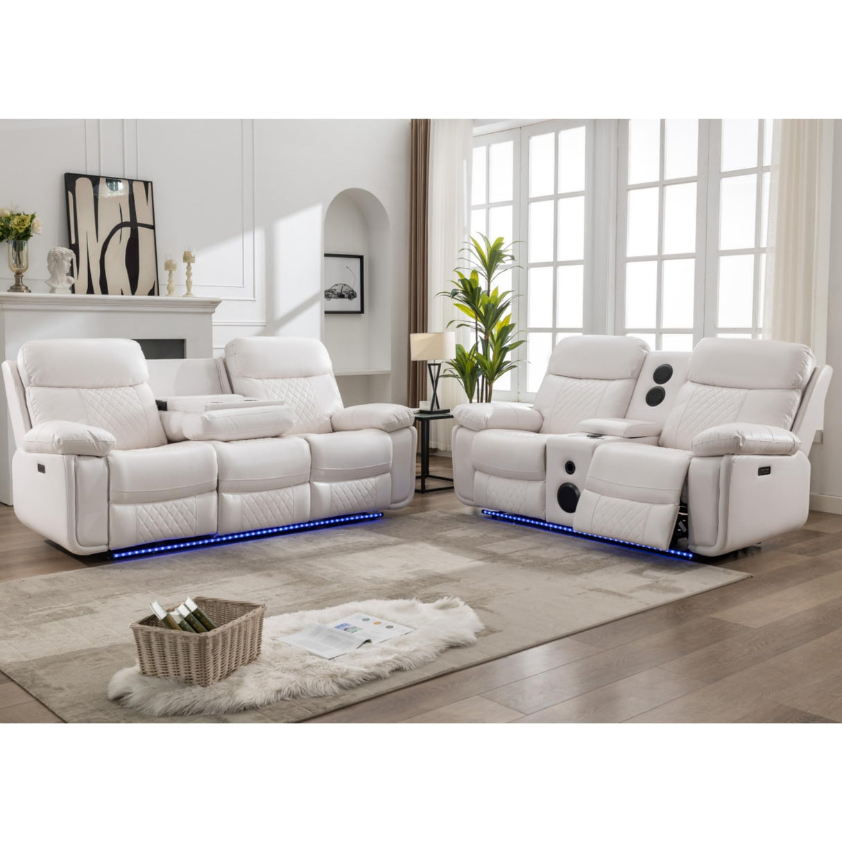 KEIKI 2-Piece Power Reclining Sofa Set with 1 Oversized Technical Leather 3-Seater Sofa & 1 Loveseat Sofa, Electric Control 5-Seater Couch Set with Cup Holder, Storage Armrest, for Living Room, White KEIKI