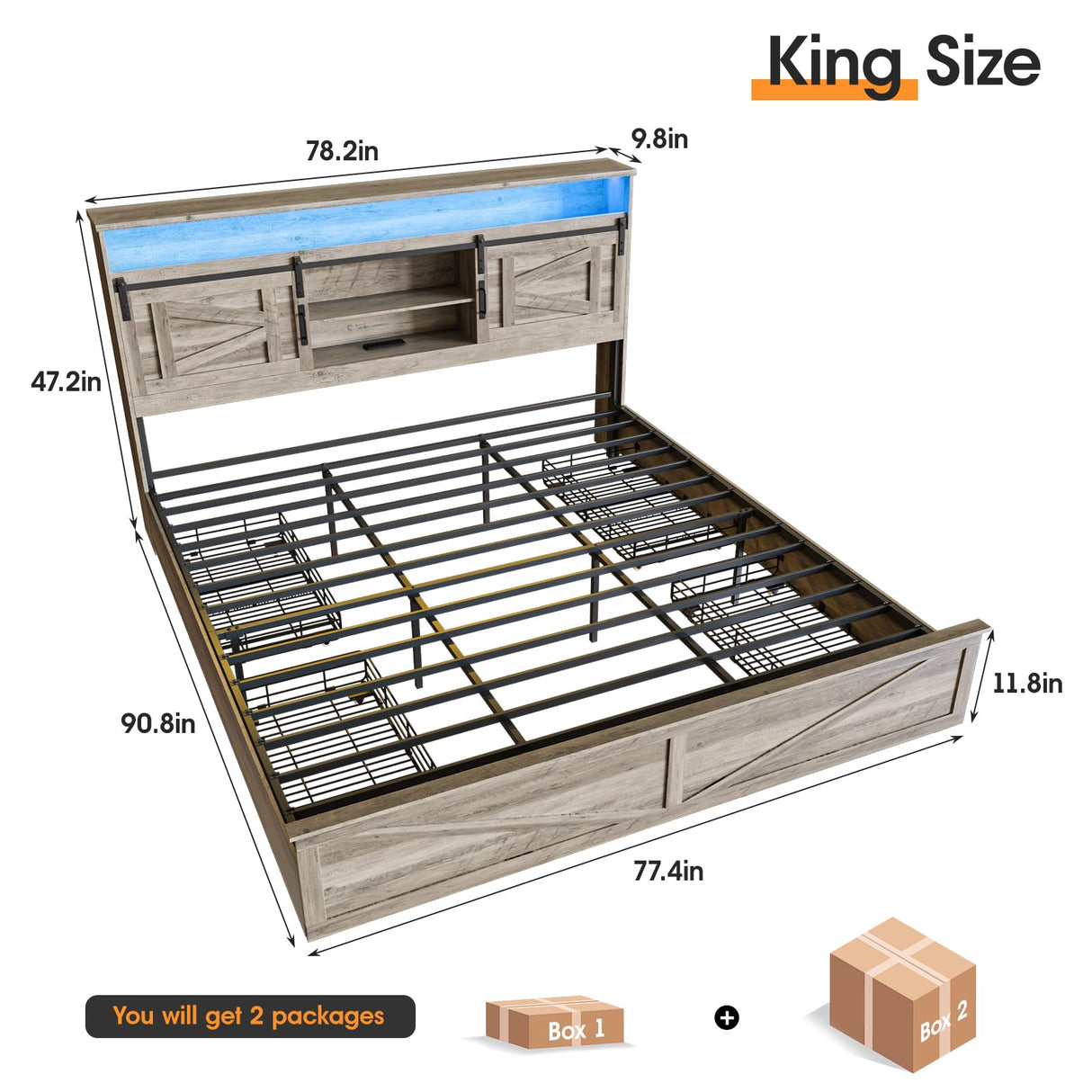 Fameill Farmhouse King Size Bed Frame with 4 Drawers and Bookcase Headboard, Sliding Barn Door Storage Shelves, LED Lights and Charging Station, No Box Spring Needed, Grey Fameill