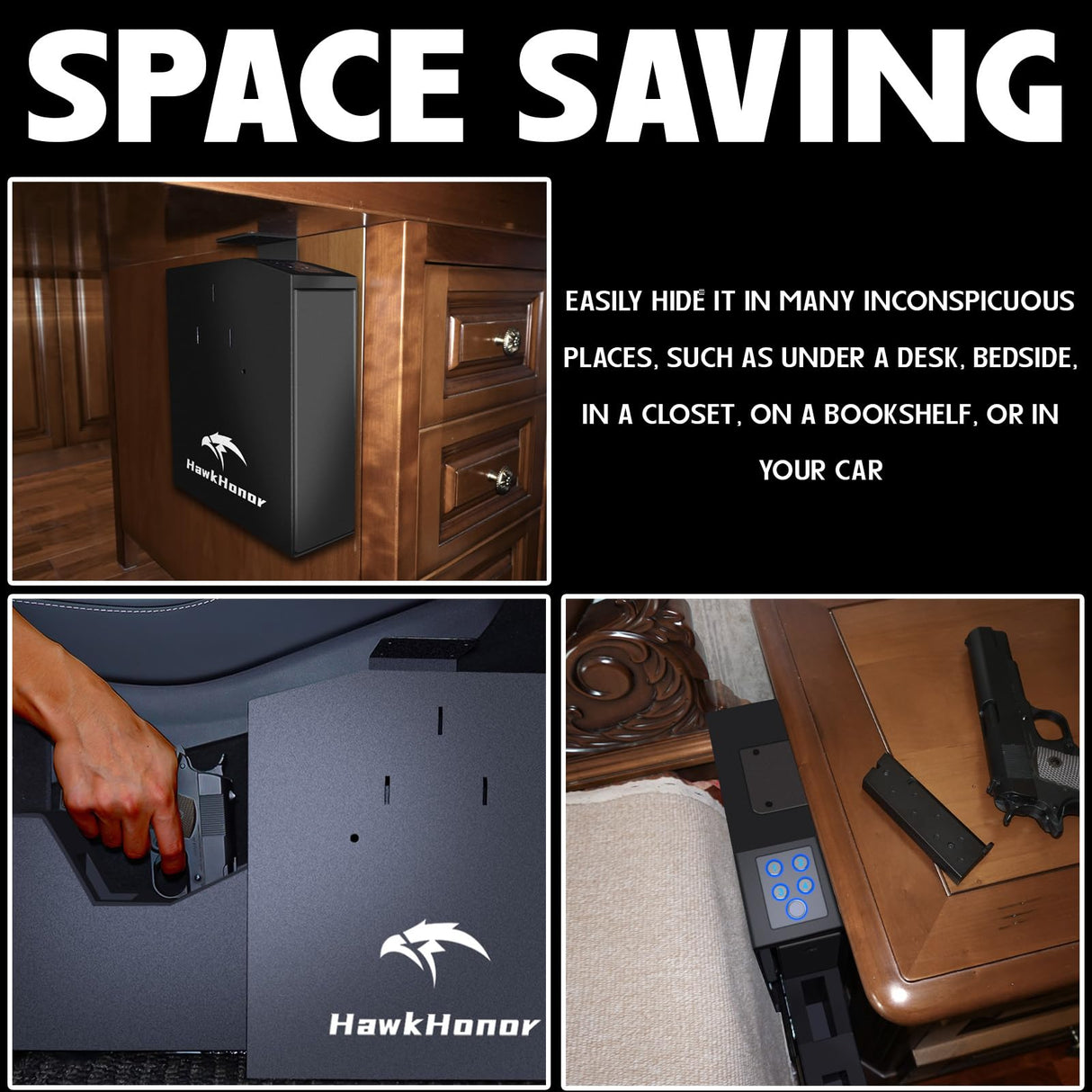 HAWKHONOR Biometric Gun Safe For Handgun, Nightstand Gun Safe, Gun Lock Box For Desk, Car, Truck, Slider Fingerprint Gun Safe Bedside, Quick Release Gun Safe With Fingerprint, PIN Code, Key Access HAWKHONOR