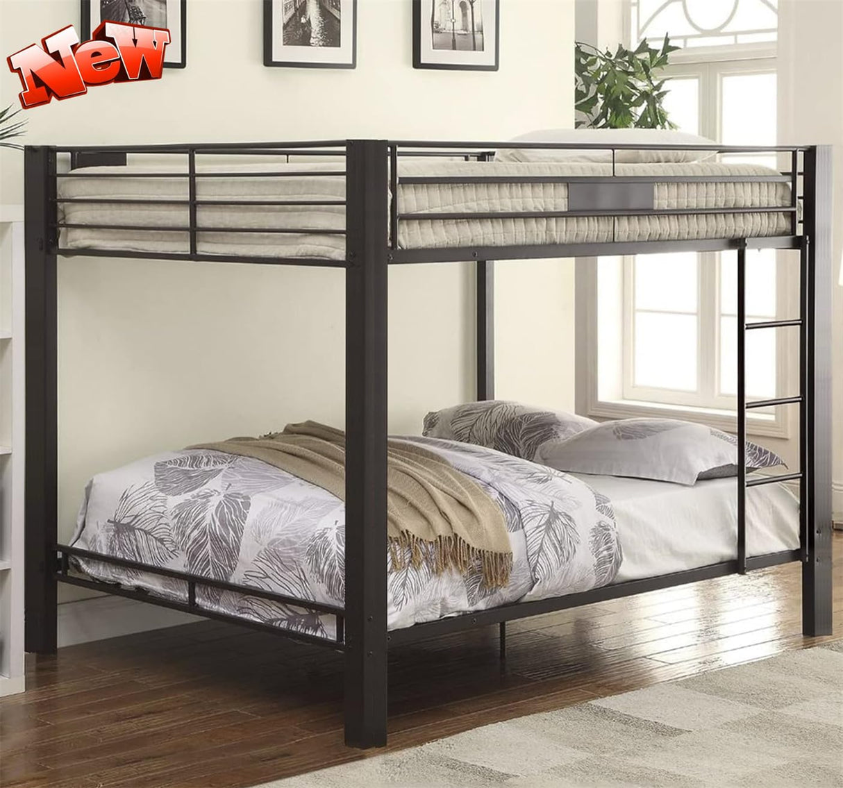 RUUTE Latest Upgrade & Stronger Queen Over Queen Size Bunk Bed, Thickened More Rust-Proof Metal Heavy Duty Steel Bunk Queen Bed with Enhanced Legs and Slats (Easier Assembly) (Queen Over Queen) RUUTE