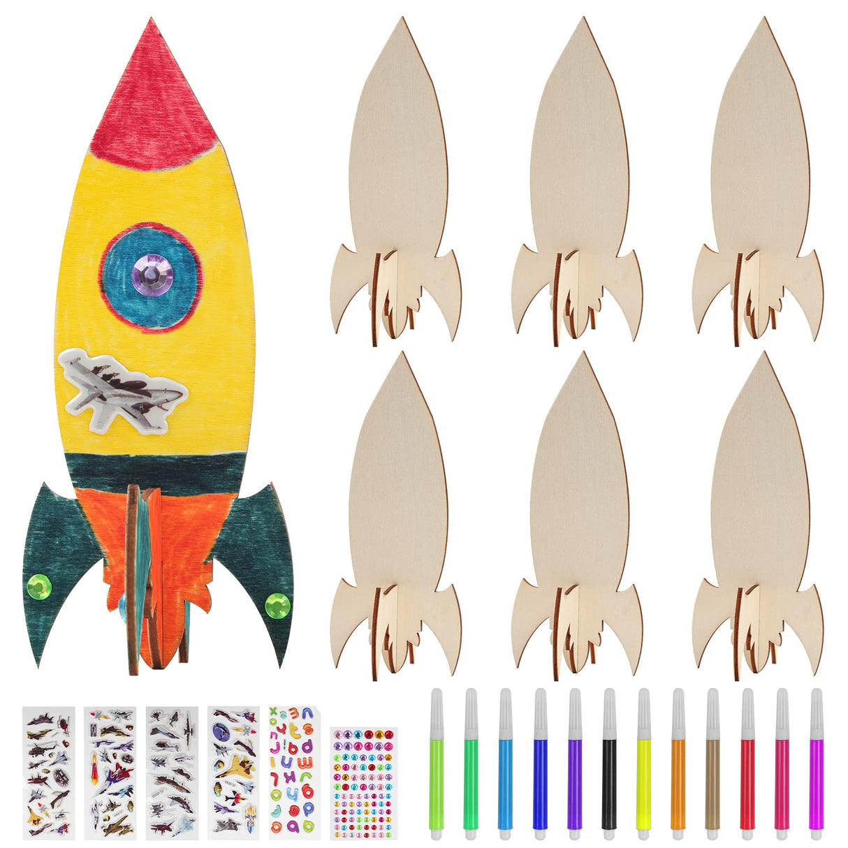 BAPHILE 12 Pack DIY Wood Rocket, Mini and Decorate Wooden Craft Kits With Tools for Kids School Home Party Decor Projects BAPHILE