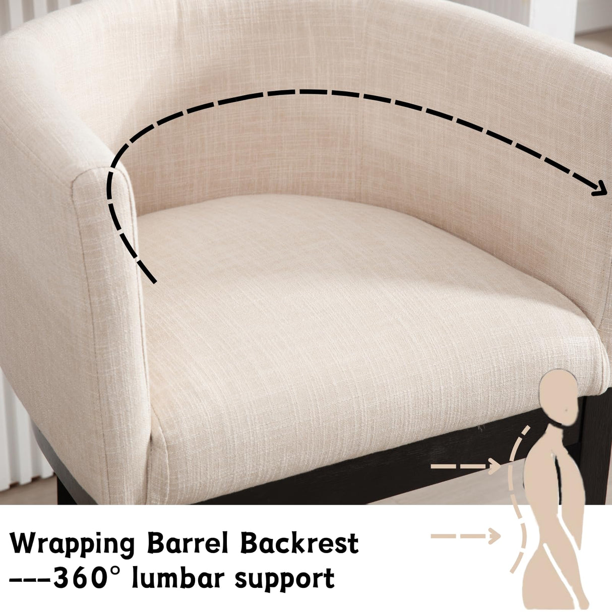 RIVOVA Farmhouse Bar Stools Set of 2-26" Counter Height Linen Upholstered Barstools with Barrel Back & Footrest, Sturdy Black Wood Frame Kitchen Island Stools for Indoor/Outdoor/Club, Beige RIVOVA