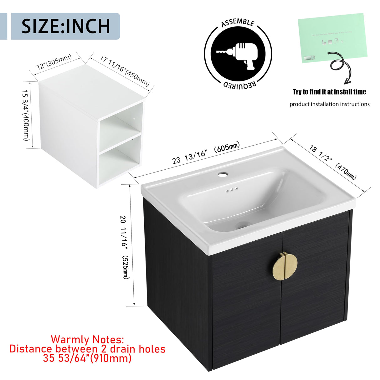 60 Inch Floating Bathroom Vanity, 60" Bathroom Vanity with Sink, Modern Double Sink Bathroom Vanity Combo,Black Wall Mounted Cabinet Set with Open Storage Shelf WoodArtSupply