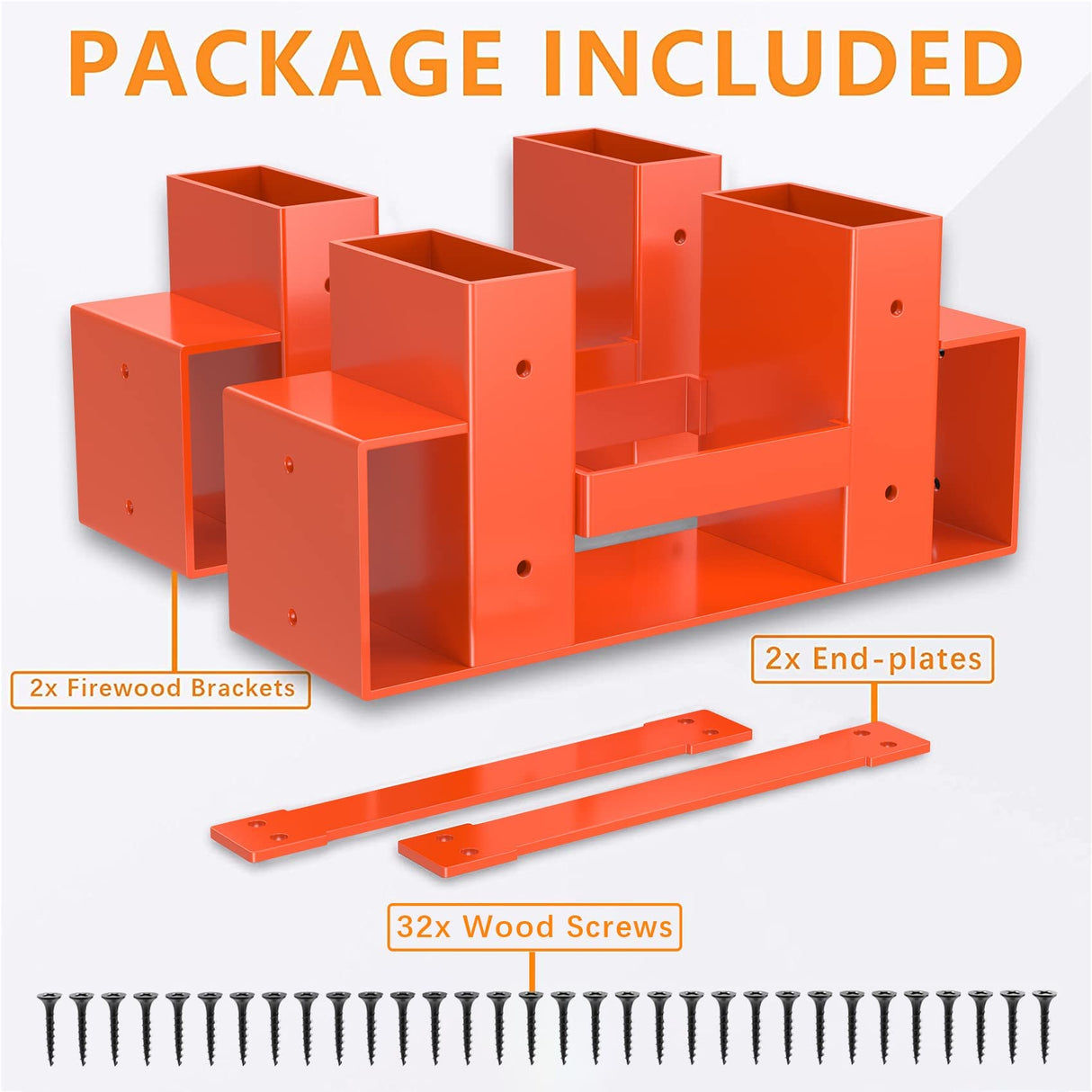 Mr IRONSTONE Firewood Log Storage Rack Bracket Kit, Adjustable Wood Rack Length Based on the Amount of Wood, for Outdoor Indoor Patio Deck Metal Log Holder Outdoor Tools with 34 Accessories Orange Mr IRONSTONE