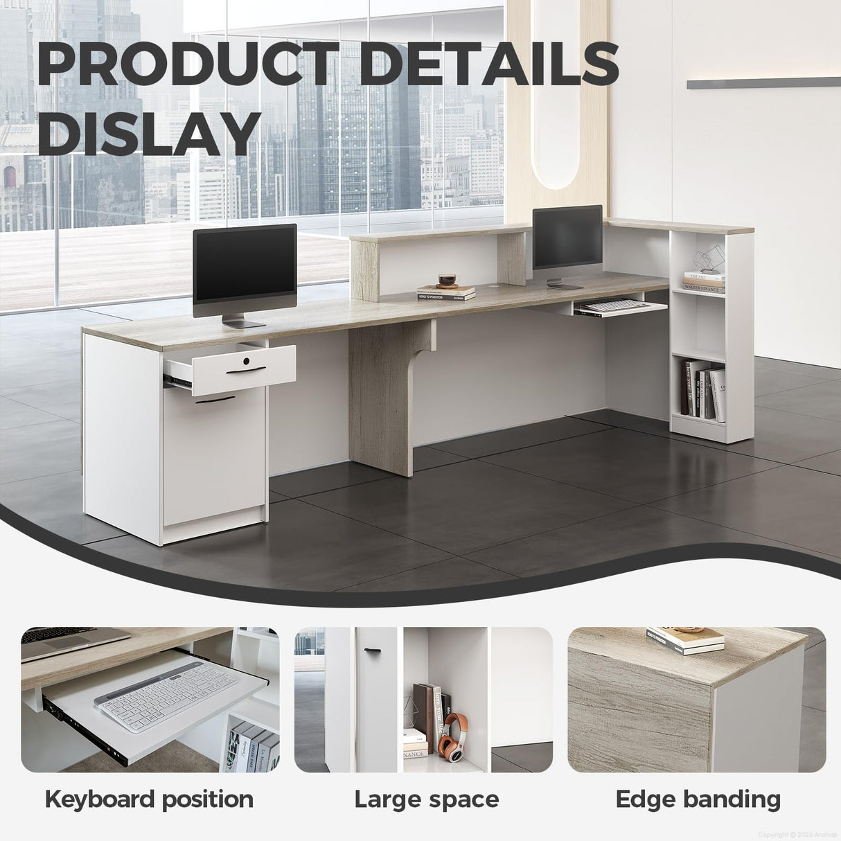 Anzhap L-Shaped Reception Desk with Counter, Modern Front Desk Checkout Counter with Drawer, Storage Cabinet, Keyboard Tray for Office, Salon, Lobby (Oak + Warm White/Right, 110" L*24" W*41" H) Anzhap