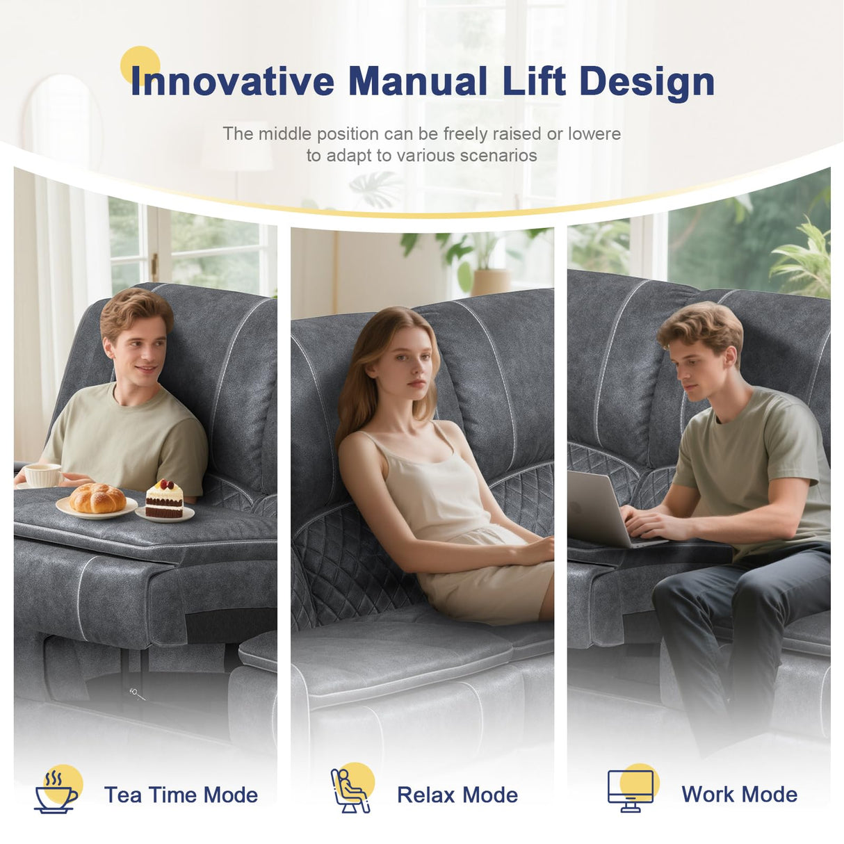 Recliner Sofa 3 Seater Sofa with Recliner, Home Theater Seating with Liftable Console & Removable Armrest, Manual Velvet Fabric Reclining Couch with Cup Holders & USB Ports for Living Room/RV (Grey) MOSGAT