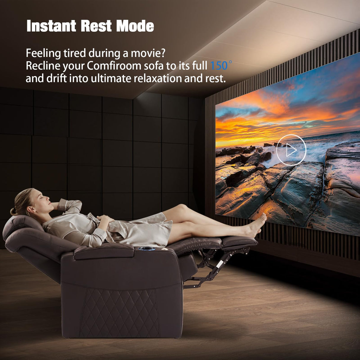 comfiroom Home Theater Seating seats Classic Series Top Grain Nappa Leather Recliner Chair Dual Power Movie Theater Chairs Gaming Sofa Electric Headrest with Tray Table Type-C Charger(BROWN, Row of 3) comfiroom