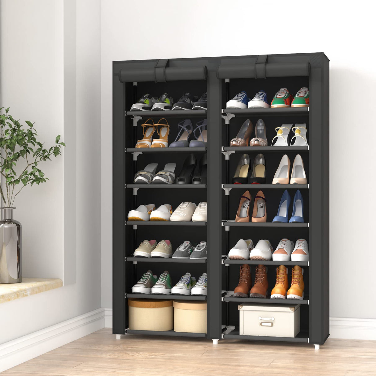 JIUYOTREE 7-Tier Shoe Storage Organizer with Dustproof Cover - Closet Cabinet Shelf Holds up to 28 Pairs - for Doorway, Corridor, Balcony, Living Room - Black JIUYOTREE