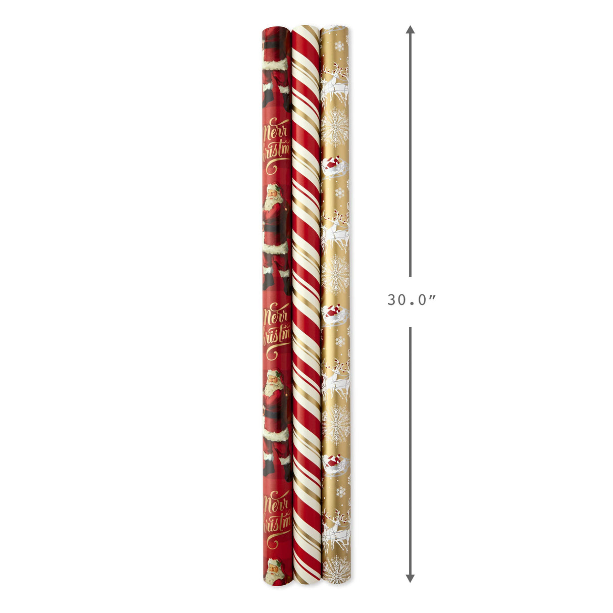 Hallmark Christmas Wrapping Paper Rolls - Traditional Holiday Gift Wrap Paper (Set of 3 Reversible Rolls: 120 sq. ft. ttl.) Red and Gold Snowflakes, Stripes, Plaid, Santa's Sleigh Hallmark