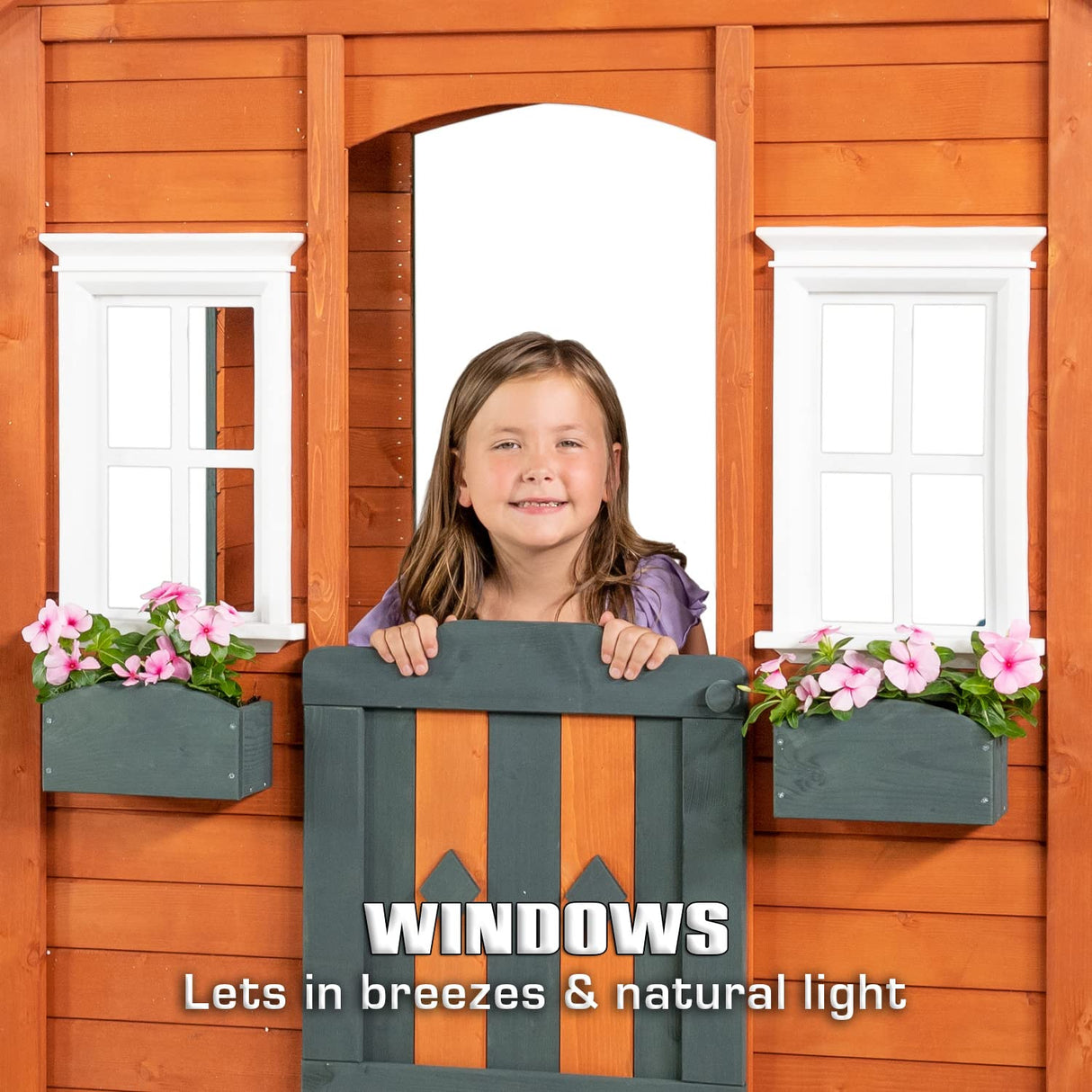 Sportspower Woodbridge Wooden Outdoor Backyard Playhouse with Flower Boxes, Red Sportspower