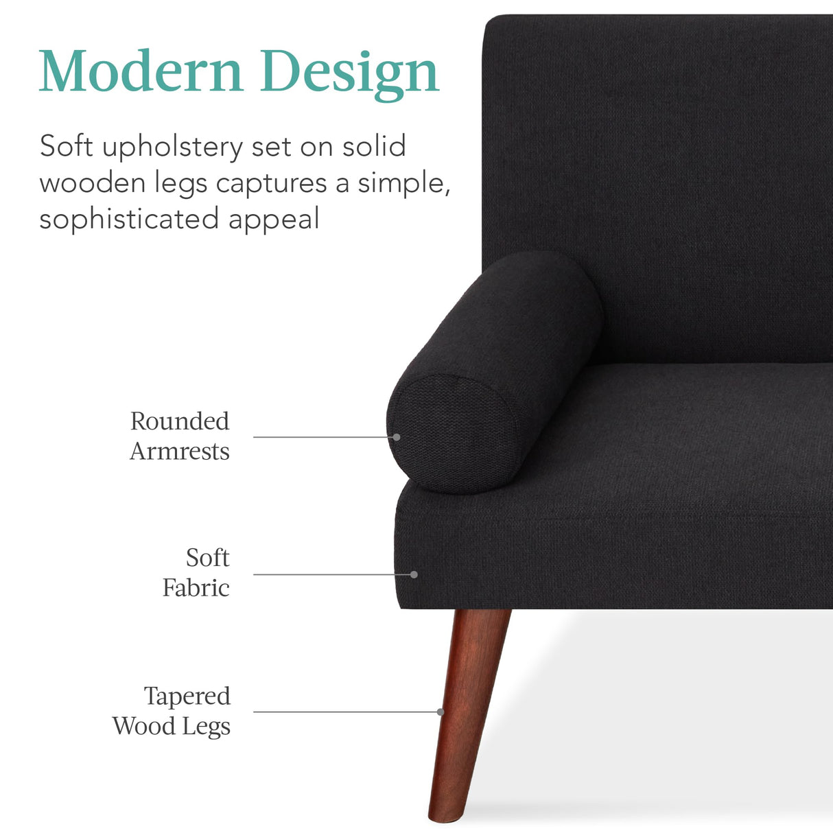 Best Choice Products Mid-Century Modern Upholstered Futon, Convertible Folding Sofa Bed, Small Couch w/Rounded Armrests, 2 Cupholders - Black Best Choice Products