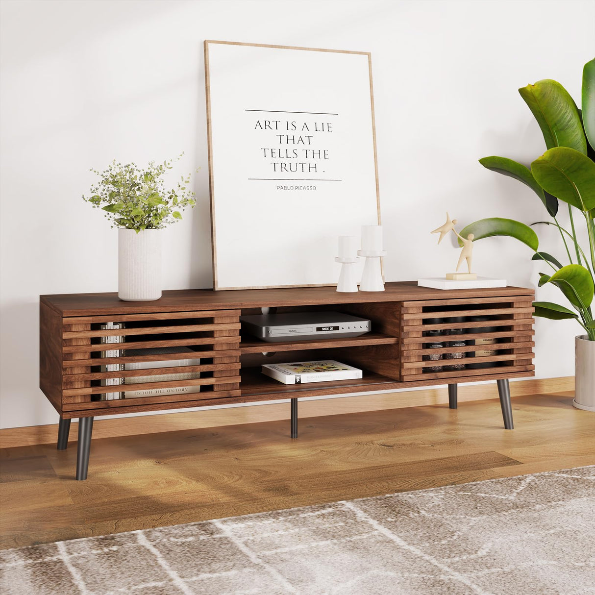 HAIOOU Mid Century Modern TV Stand, 52" Wooden TV Console with Slatted Sliding Doors and Storage for 50/55/60 Inch TV, Small Entertainment Center Media Console Cabinet for Living Room - Walnut Brown HAIOOU