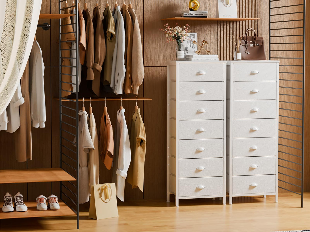 Furnulem White Tall Dresser for Bedroom with 7 Drawers, Vertical Chest of Drawer in Closet, Nightstand Storage Tower Unit Organizer with Fabric Bins for Dorm,Living Room,Entryway,Hallyway Furnulem