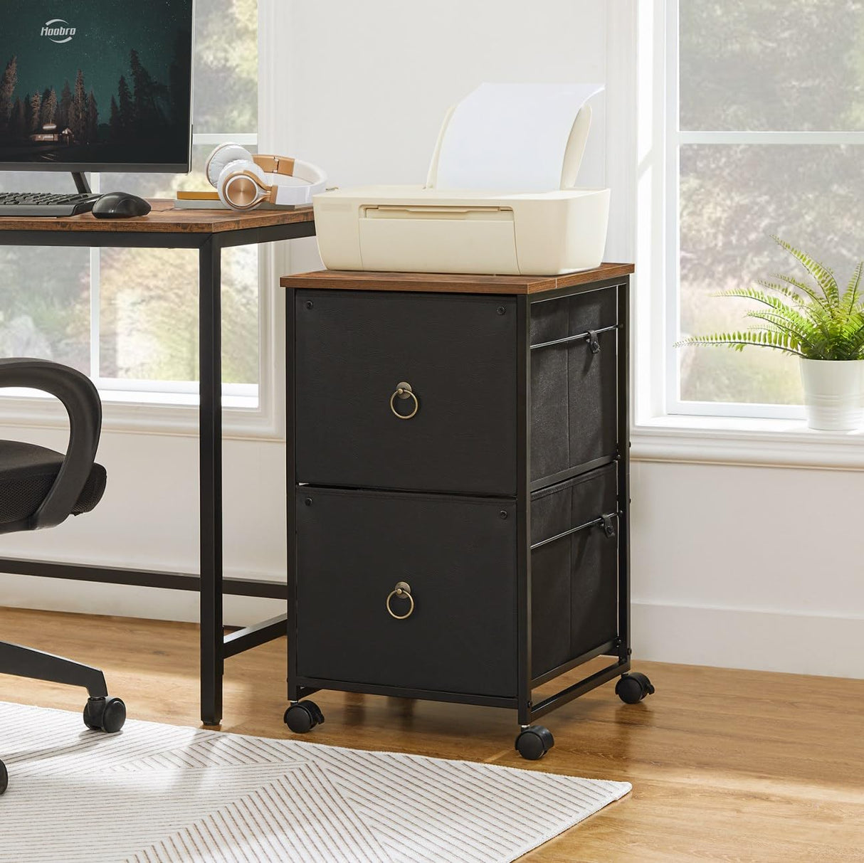 HOOBRO 2 Drawer Mobile File Cabinet, Rolling Printer Stand, Vertical Filing Cabinet, Office Cabinet, Filing Cabinet for Home Office, A4/Letter Size, Nonwovens Drawer, Black and Rustic Brown BFK20WJ01 HOOBRO