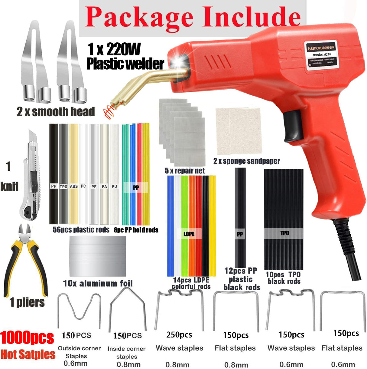 Upgraded 220W Plastic Welder, 2 in 1 Plastic Welding Kit Plastic Repair Welder Kit 1000PCS Hot Stapler Soldering Gun with 100PCS Plastic Welding Rods Car Bumper Repair Kit for Most Plastic Repair VCTSELITY