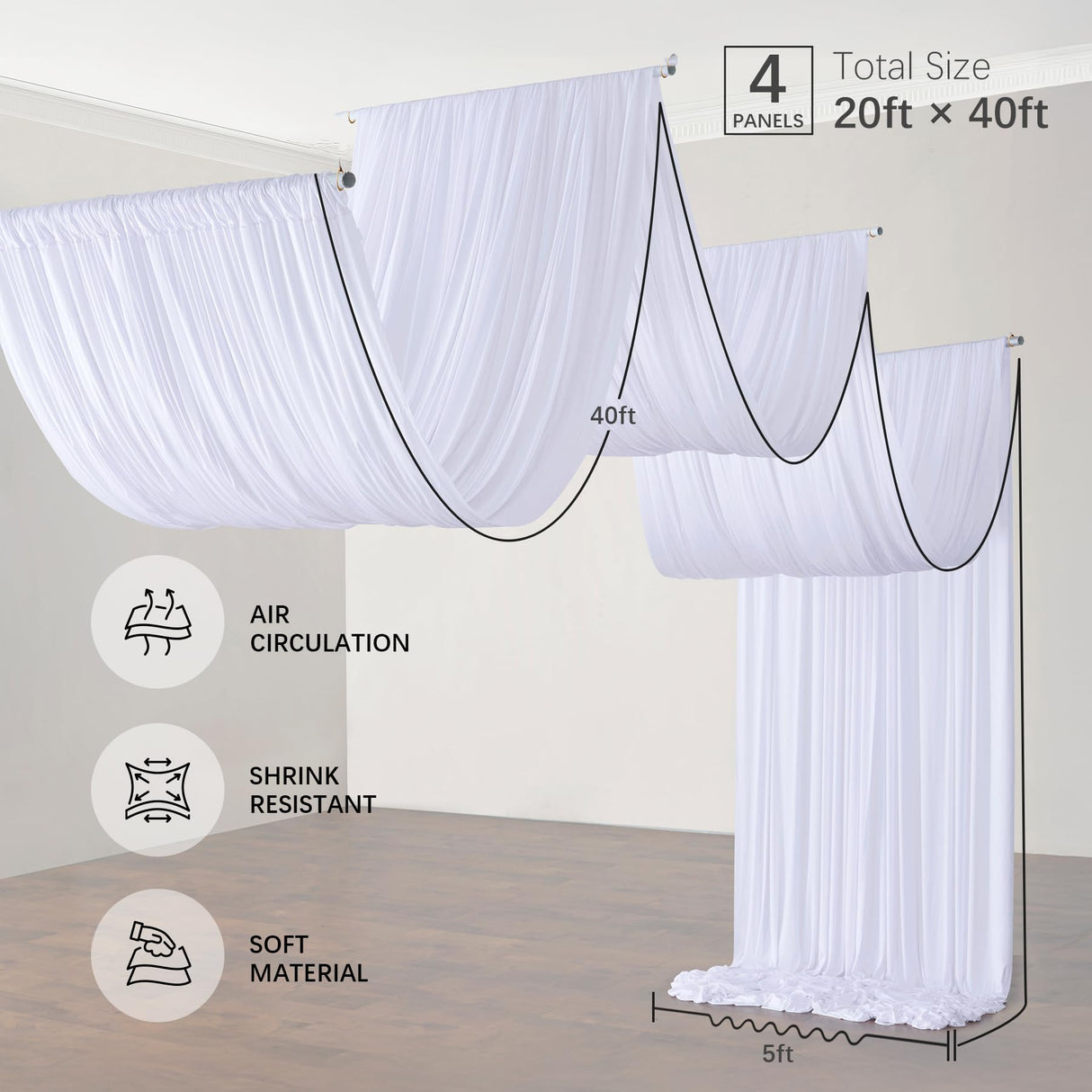 PartyVillage 20ftx40ft White Ceiling Curtain for Wedding Parties – 4 Panels Wrinkle-Free 40 FT Long Tent Draping Curtains for Wedding, Birthday & Theme Parties, 40ft Height with Rod Pocket Party Village