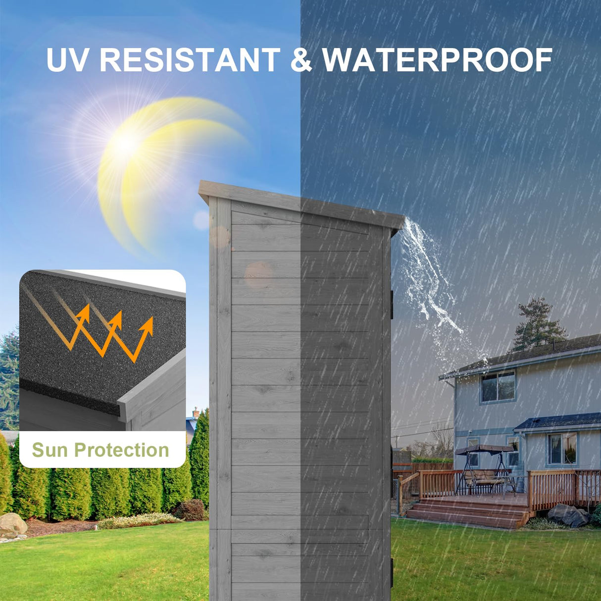 Gizoon Outdoor Storage Cabinet with Waterproof Roof, Double Lockable Doors Garden Shed with 2 Removable Shelves, Wooden Storage Shed with Large Storage Space for Patio, Garden, Backyard, Lawn, Grey Gizoon