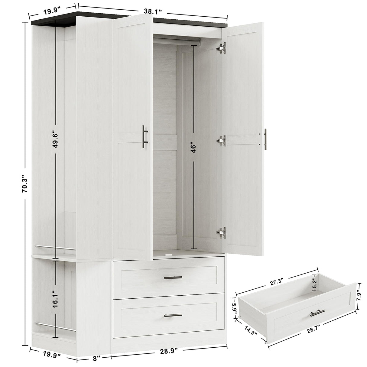 LIKIMIO Armoire Wardrobe Closet with Large Mirror, Storage Cabinet with 2 Doors and 2 Drawers, 2 Storage Shelves, 70" Wardrobe Cabinet for Bedroom,White LIKIMIO