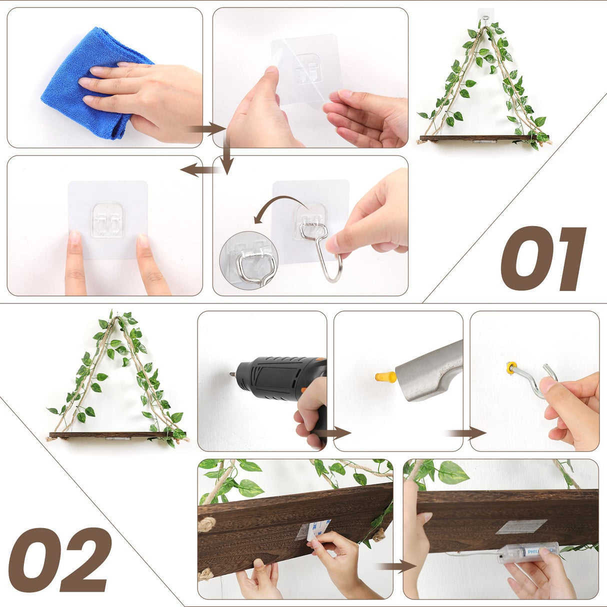 JOPSTDI Floating Shelves,Plant Wall Decor,Wall Shelf,No Drill Shelves,Decorative Leaves and Light Strip,Set of 2 Plant Shelf,Easter for Decorating,Gift(Green Leaf) JOPSTDI