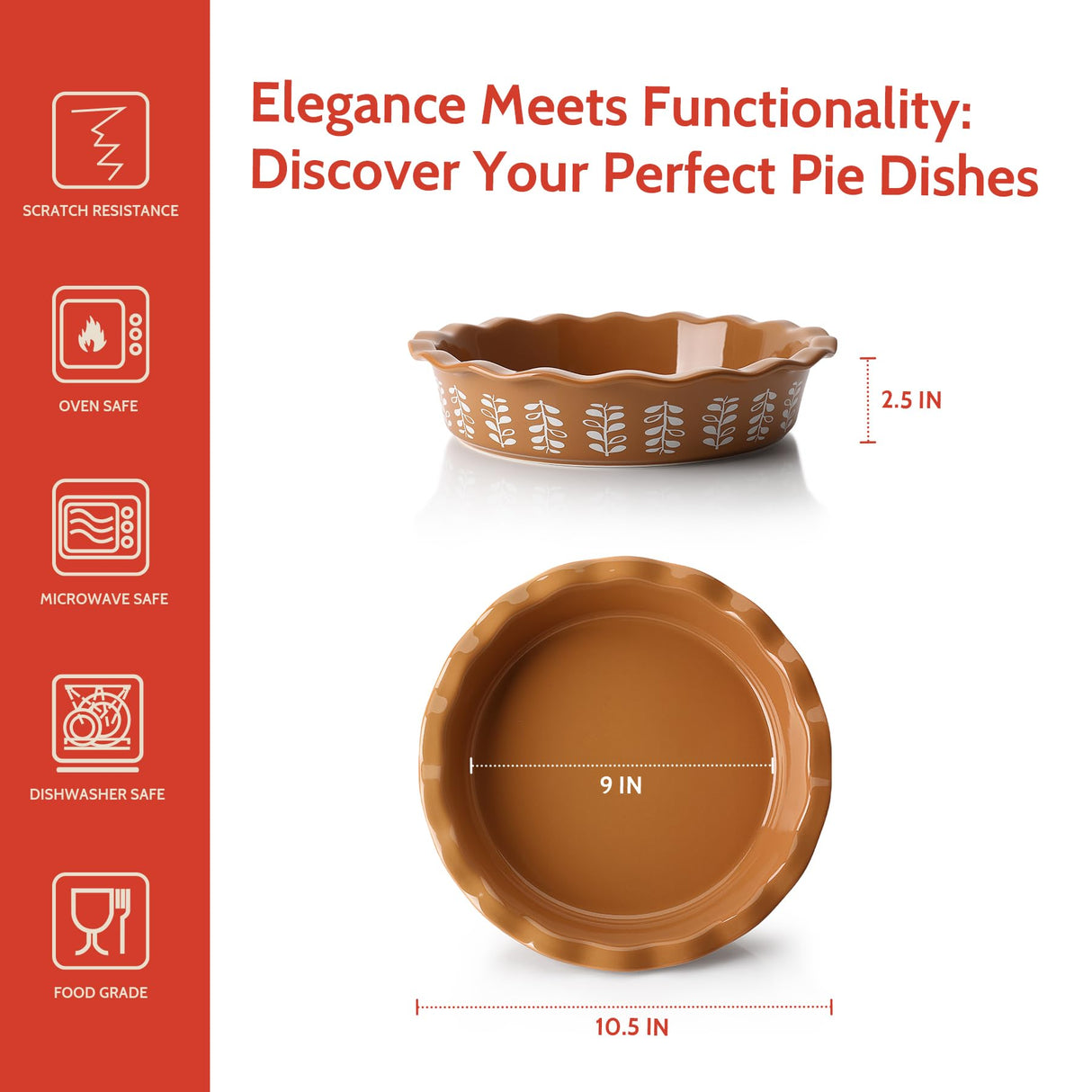 Sweese Porcelain Deep Fluted Pie Dish for Baking - 9 inch Porcelain Pie Plate for Apple, Quiche, Pot Pies, Tart - Leaf - Brown Sweese