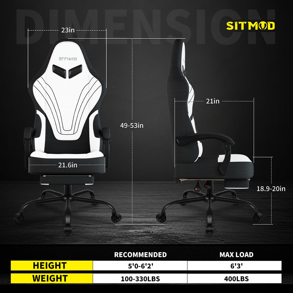 Gaming Chair, Ergonomic Computer Chair with Footrest, Big Tall PC Gamer Chair with Headrest and Massage Lumbar Support, 360° Swivel Height Adjustable Fabric Video Office Chairs for Adults (White) SITMOD