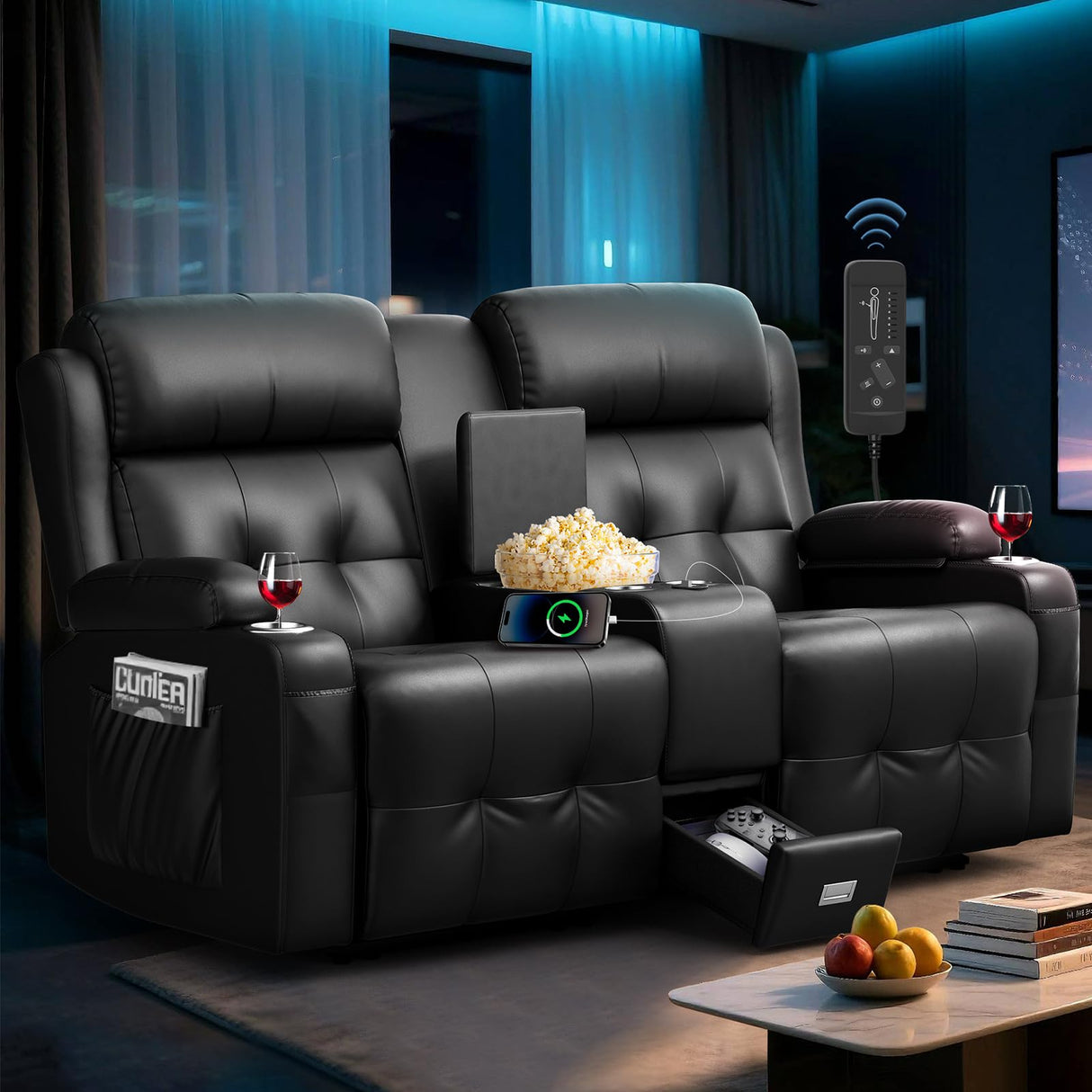 Loveseat Recliner Sofa, Home Theater Seating Massage Reclining Couch with USB, Center Console, Wall Hugger RV Recliners, 145° Adjustable Recline & Cup Holders & Side Pockets,for RV & Movie Room TOMOSLTER