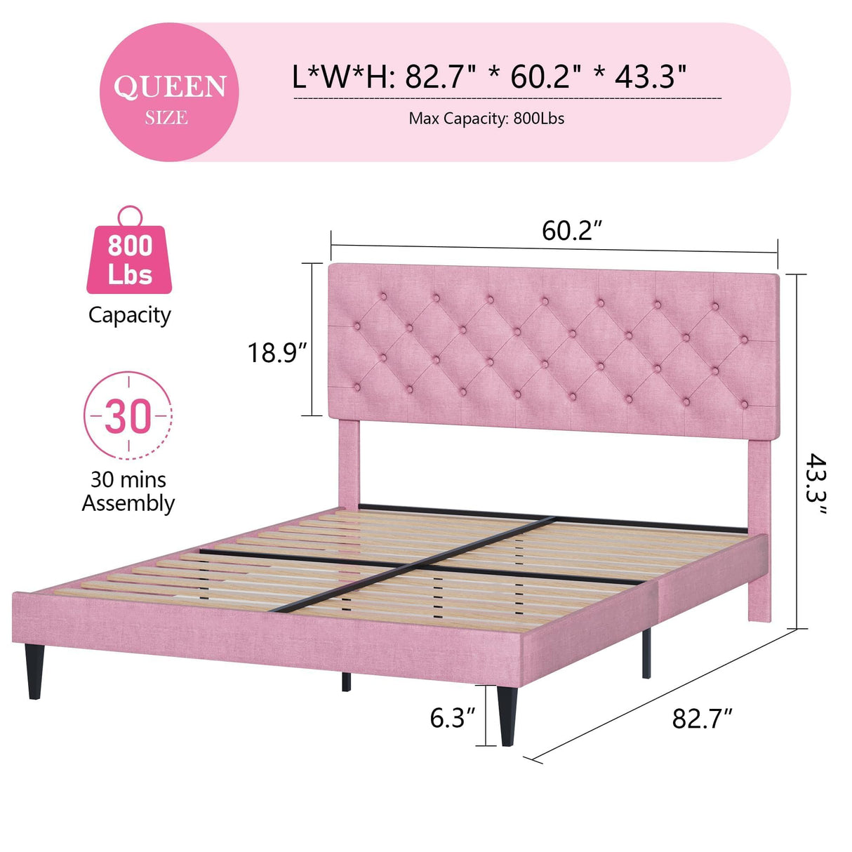 Queen Bed Frame, Upholstered Platform Bed with Button Tufted Headboard, Fabric Queen Size Beds with Wooden Slats Support, No Box Spring Required, Easy Assembly, Pink BarnFurin