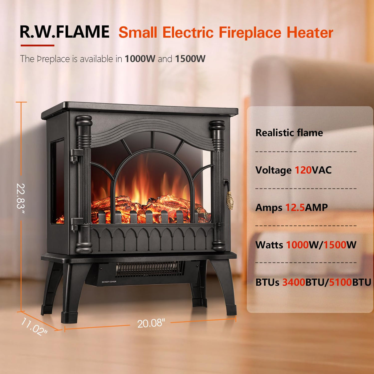 R.W.FLAME Electric Fireplace Heater, 20" Freestanding Fireplace Infrared Stove 1000W/1500W, 3D Realistic Flame Effects, Adjustable Brightness and Heating Mode, Overheating Safe Design R.W.FLAME