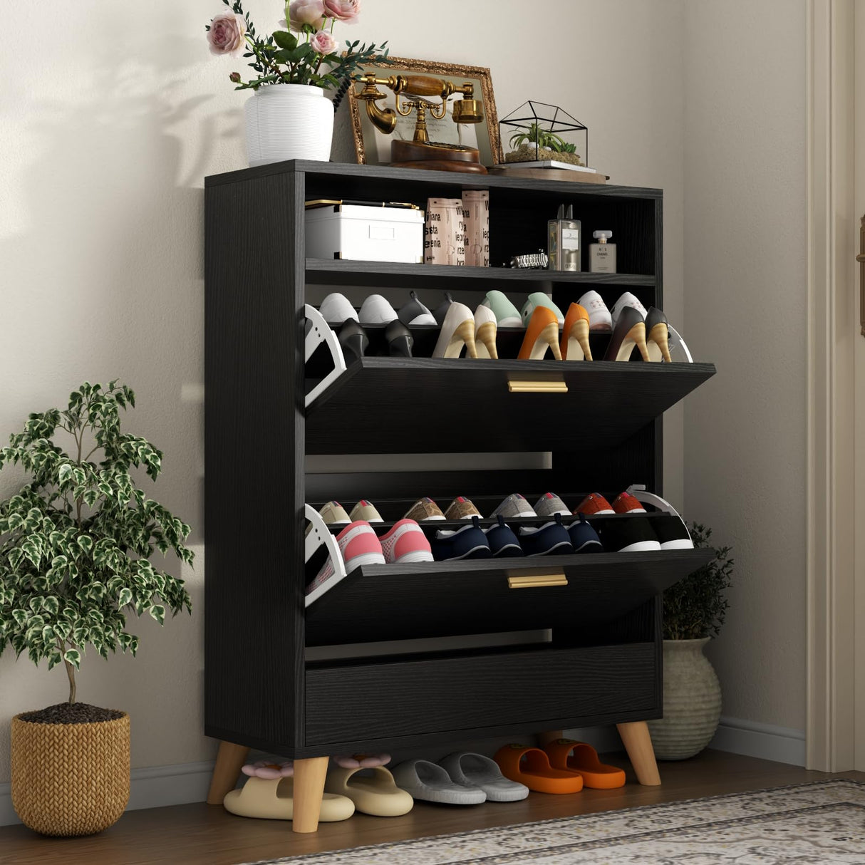 Gyfimoie Entryway Shoe Storage Cabinet with 2 Flip Drawers, FreestandingShoe Organizer for Entryway, Narrow Shoe Rack Cabinet (Black) Gyfimoie