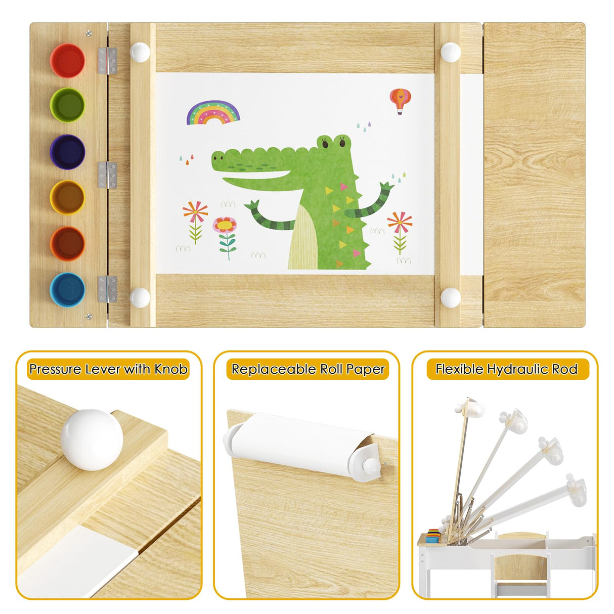 ROOMTEC 2-in-1 Kids Table and Easel Chair Set, Toddler Craft Play Wood Activity Desk with Storage Bins & Paper Roll for Art, Drawing, Reading, Playroom, White, OneSize ROOMTEC